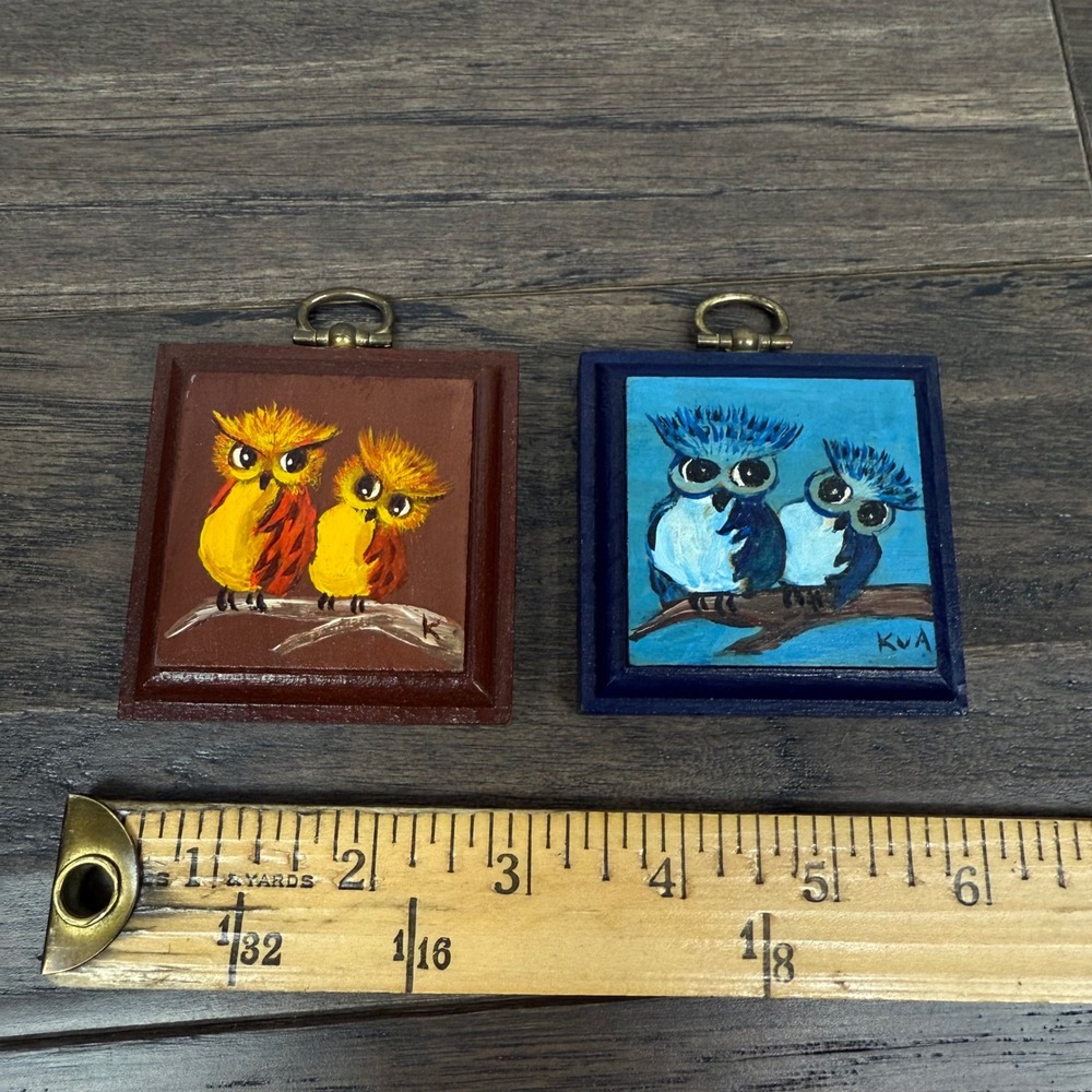 Set of 2 Vintage Hand Painted Owl Mini‎ Wall Art Wood Frames KVA Signed - Picture 5 of 6